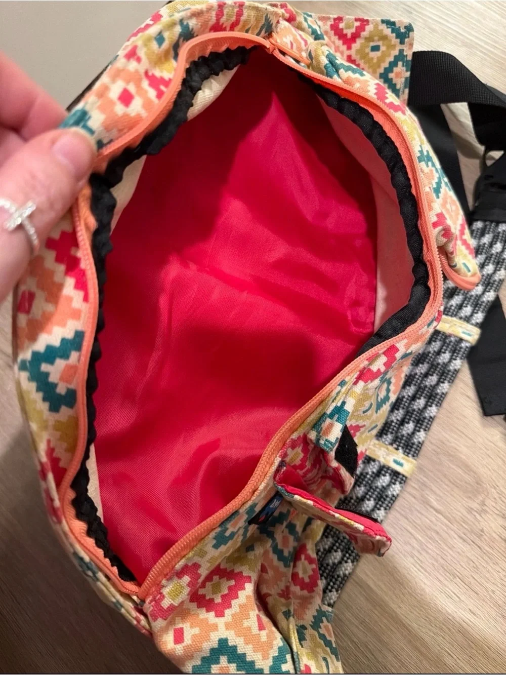 Kavu Multicolor Geometric Rope Sling Bag - Coral, Teal, Mustard